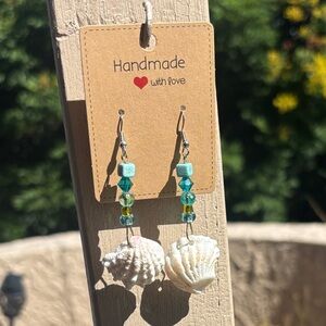 Handmade Shell and Bead Earrings - White and Blue